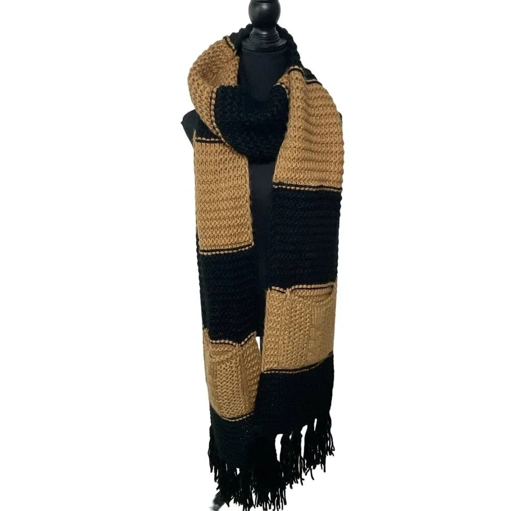 OVersized Scarf Black Brown Tan Chunky Knit Pockets Fringe NEW Cozy Gift Warm